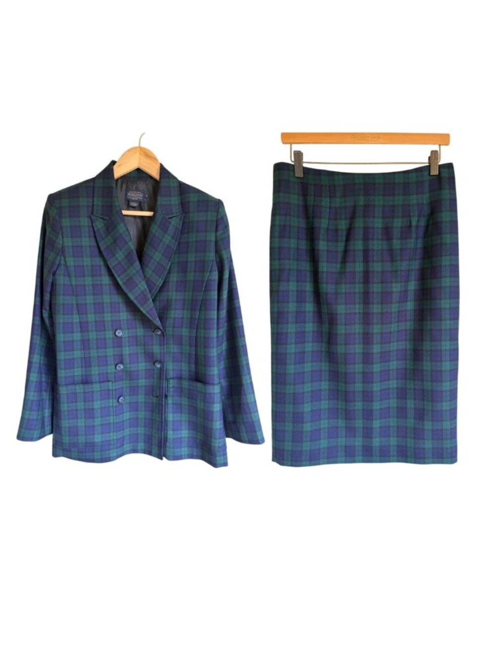 Vintage Pendleton Blue Green Plaid Blazer Pencil Skirt Set Size 6 Virgin Wool